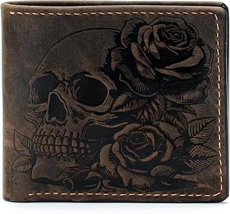 Mayan Corner Leather skull wallet, bifold handmade skull art wallet, leather gift ideas for him, ID card minimalist wallet
