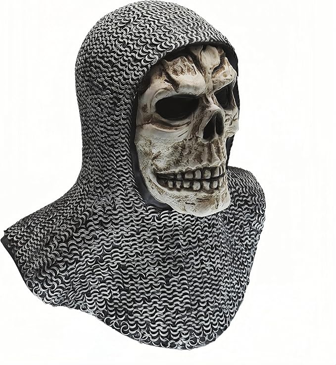 MURDEN Medieval Knight & Undead Latex Mask Set - Haunted Chainmail Hood with Battle-Damaged Skull Faceplate, Adjustable for Halloween, LARP & Cosplay