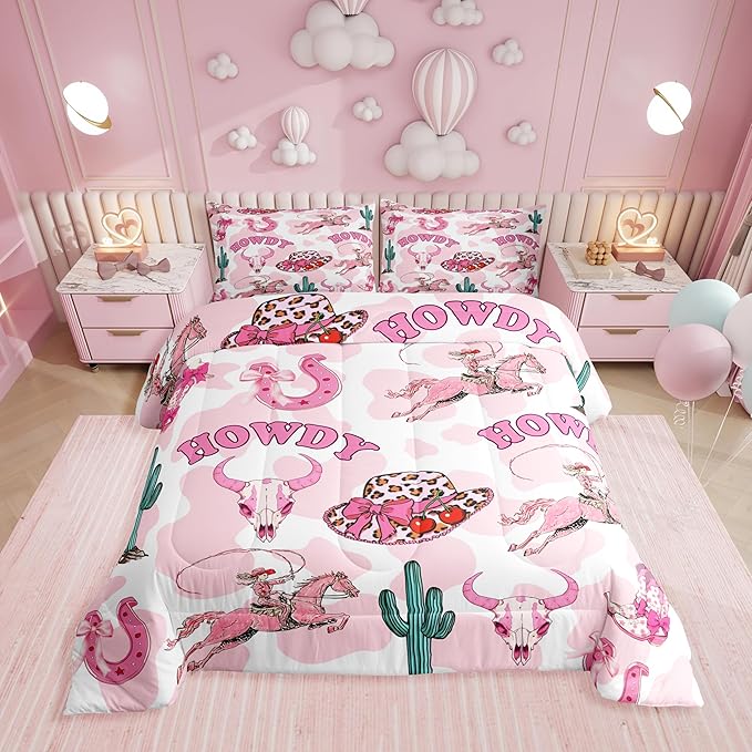 Erosebridal Pink Western Twin Comforter Set,Cowgirl Boots Hats Bows Bedding Sets for Girls Kids Teen,Horse Bull Skull Quilt Bed Set,Leopard Cow Print Bedroom Decor,1 Pillowcase Breathable