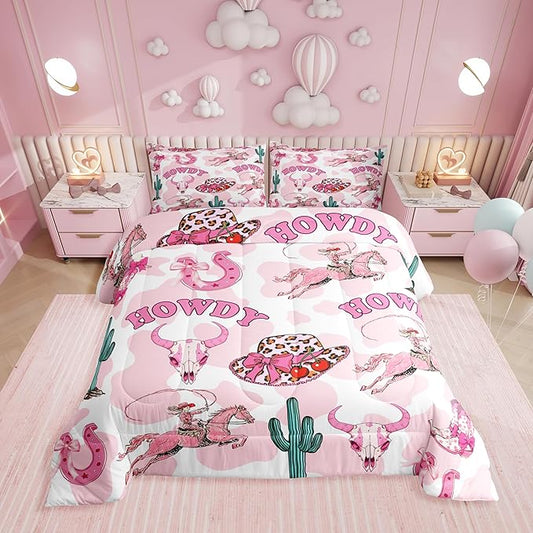 Erosebridal Pink Western Twin Comforter Set,Cowgirl Boots Hats Bows Bedding Sets for Girls Kids Teen,Horse Bull Skull Quilt Bed Set,Leopard Cow Print Bedroom Decor,1 Pillowcase Breathable
