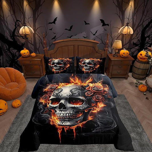 Manfei Sugar Skull Comforter Sets Twin Size,Gothic Flame Roses Smoke Bedding Sets,Western Farmhouse Style Quilted Duvet for Kids Teens Girls,Botanical Flower Duvet Insert,1 Pillowcase