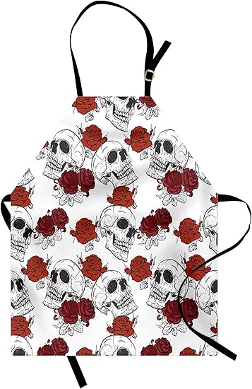 Ambesonne Skull Apron, Retro Gothic Dead Head Skeleton with Roses Halloween Theme Spooky Trippy Romantic, Unisex Kitchen Bib with Adjustable Neck for Cooking Gardening, Adult Size, Grey