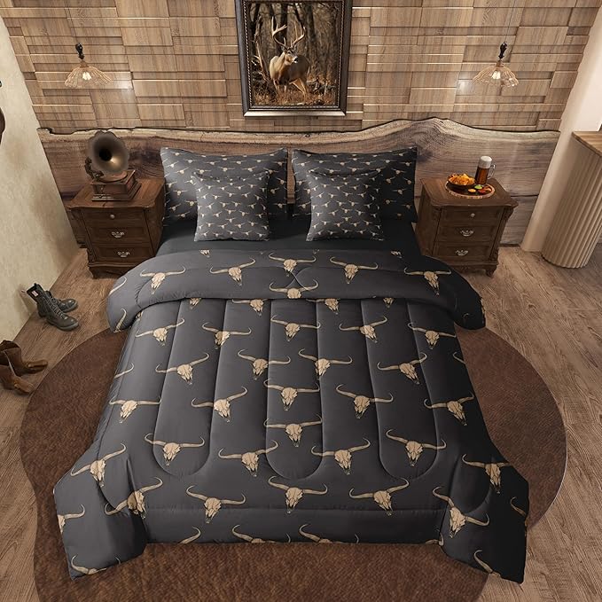 Erosebridal Bull Skull 7 Piece Comforter Set King Ethnic Bohemian Bedding for Men Boys | Tribal Steer Skull Wildlife Aztec Bedroom Decor Farmhouse Cabin Lodge Sheet Set with Comforter,Black Brown