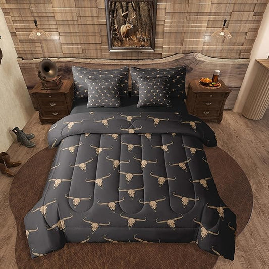 Erosebridal Bull Skull 7 Piece Comforter Set King Ethnic Bohemian Bedding for Men Boys | Tribal Steer Skull Wildlife Aztec Bedroom Decor Farmhouse Cabin Lodge Sheet Set with Comforter,Black Brown