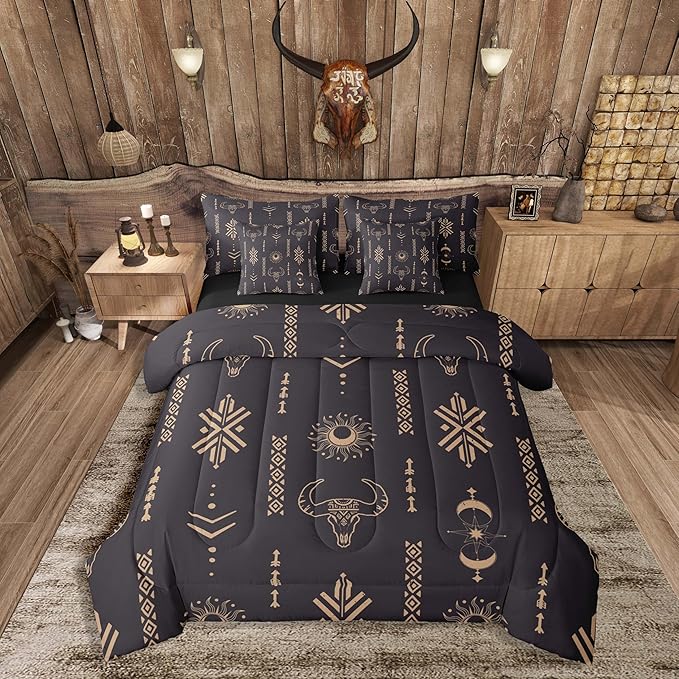 Feelyou Western Aztec Comforter Set with Sheets King Size Kids Southwestern Geometric Vintage Bed in a Bag Bohemia Boho Bull Skull Abstract Tribal Black Brown 7 Pieces Bedding Set Soft Room Decor
