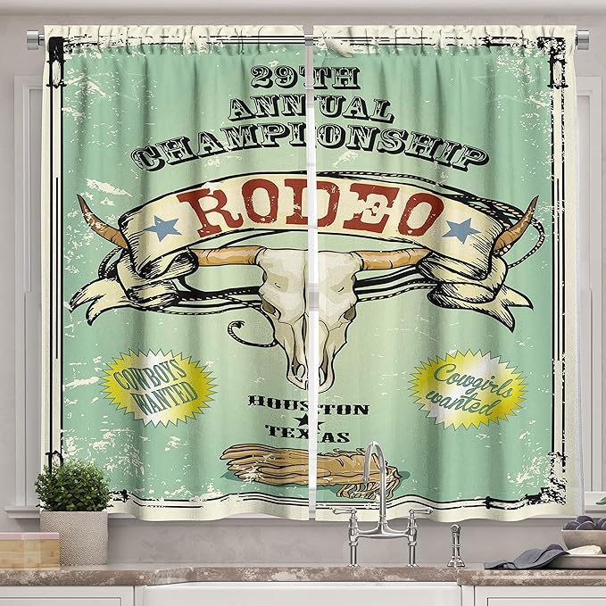 Ambesonne Western Kitchen Curtains, Retro Style Rodeo Championship Poster Bull Skull Large Horns with Banner Grungy, Window Drapes 2 Panel Set for Kitchen Cafe Decor, 55" X 39", Seafoam Charcoal