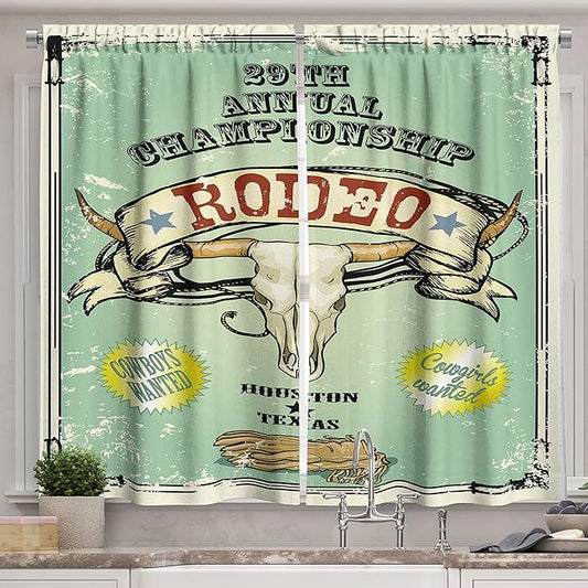 Ambesonne Western Kitchen Curtains, Retro Style Rodeo Championship Poster Bull Skull Large Horns with Banner Grungy, Window Drapes 2 Panel Set for Kitchen Cafe Decor, 55" X 39", Seafoam Charcoal