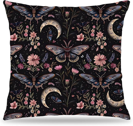 Gothic Moth Butterfly Pillow Covers 18x18, Dark Academia Witchy Moon Celestial Pillow Covers for Couch, Gothic Home Decor, Witchy Room Decor, Witchy Decor Aesthetic, Dark Cottagecore Decor