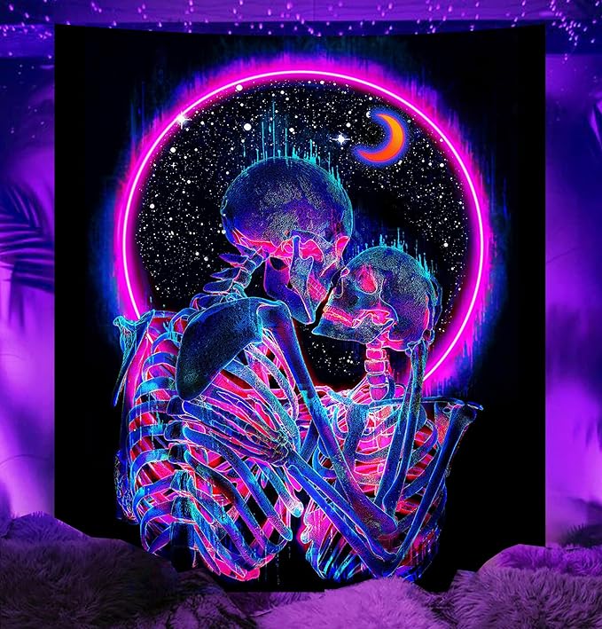 TUGCAY Blacklight Skull Tapestry Glow in the Dark Tapestry Kissing Lovers Tapestries Skeleton Neon Trippy Moon Stars Vertical Posters Wall Hanging Decor for Bedroom Aesthetic – 51.2” x 59.1”