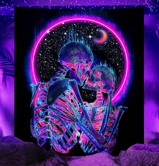 TUGCAY Blacklight Skull Tapestry Glow in the Dark Tapestry Kissing Lovers Tapestries Skeleton Neon Trippy Moon Stars Vertical Posters Wall Hanging Decor for Bedroom Aesthetic – 51.2” x 59.1”