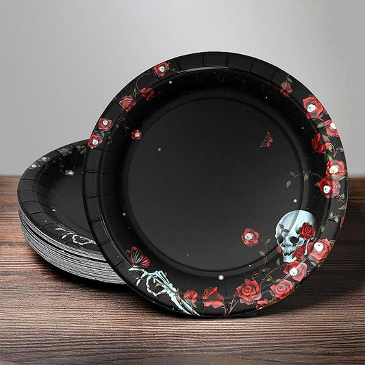 Cheerland Rose Skull Disposable Halloween Party Paper Plates 7 Inch Black for Birthday Summerween Emo Gothic Valentines Cosplay Day of Death Celebration Spooky Party Supplies Decorations 24pcs