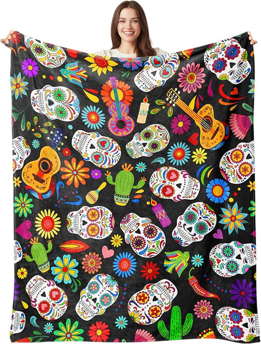 Sugar Skull Blanket Throw Cozy Soft Fleece Ultra Warm Plush Flannel for Sofa Bed Couch Home Office Lightweight Gifts Women Men 50"x60"