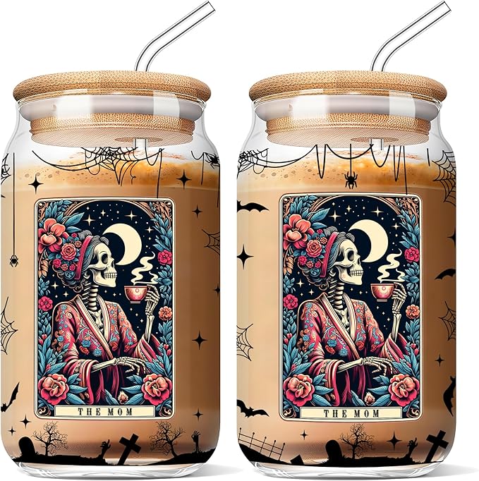 Funny Skeleton Mom 16 Oz Iced Coffee Cups Tarot Card Halloween Glass with Lids and Straws Spooky Skull Drinking Glasses Mommy Witchy Mugs Gothic Christmas Gifts for Women Mama Aunt Coworkers