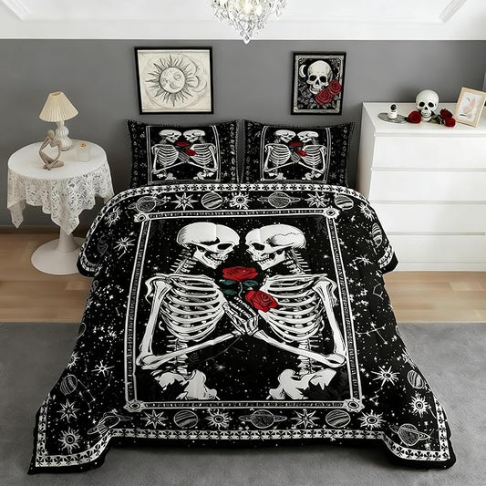 Skull 3 Pieces Queen Size Comforter Set,Kissing Lovers Skeleton Sugar Skull Down Alternative Adults Bedroom Decor,Starry Galaxy Constellation Ultra Soft Microfiber Inner Fill 3Pcs Bedding