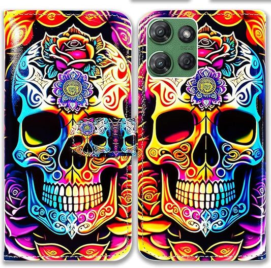 Case for Moto G Power 2025,Colorful Mandala Skull Flowers Leather Flip Phone Case Wallet Cover with Card Slot Holder Kickstand Case for Motorola Moto G Power 2025