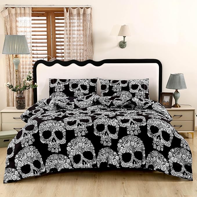 SDIII 3PCS Sugar Skull Comforter Set Twin Soft Microfiber Lightweight Goth Halloween Comforter Twin, Gothic Bedding Set for Kids Teens Skeleton Lovers