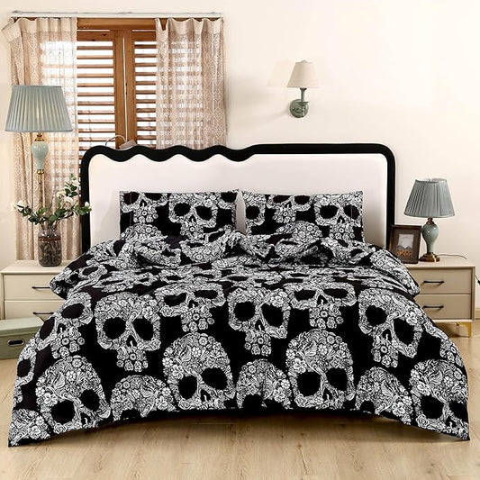 SDIII 3PCS Sugar Skull Comforter Set Twin Soft Microfiber Lightweight Goth Halloween Comforter Twin, Gothic Bedding Set for Kids Teens Skeleton Lovers