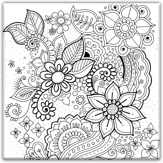 Floral Coloring Canvas For Adults, Stretched primed canvas 8 x 8 Inches |Premium Handmade Coloring Canvas | Art and Sip Party, DIY Kit, Party favor | Easy & fun drawings to color | Wall Art