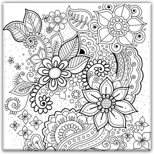 Floral Coloring Canvas For Adults, Stretched primed canvas 8 x 8 Inches |Premium Handmade Coloring Canvas | Art and Sip Party, DIY Kit, Party favor | Easy & fun drawings to color | Wall Art