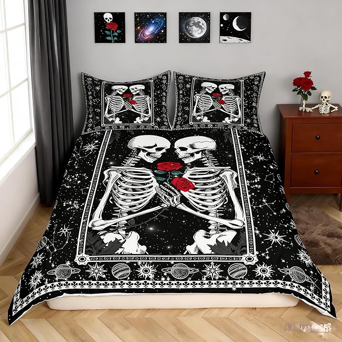 Skull Full Size Duvet Cover,Kissing Lovers Skeleton Sugar Skull Bedding Set 3pcs for Kids Teens,Starry Galaxy Constellation Comforter Cover Soft Quilt Cover Bedroom Decor Bedspread,No Comforter
