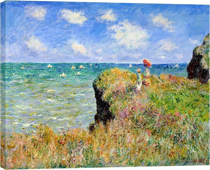 Wieco Art Gallery Wrapped Canvas Print Wall Art Cliff Walk at Pourville,1882 by Claude Monet Mondern Classic Art Print Picture Artwork for living room Home Kitchen Decorations