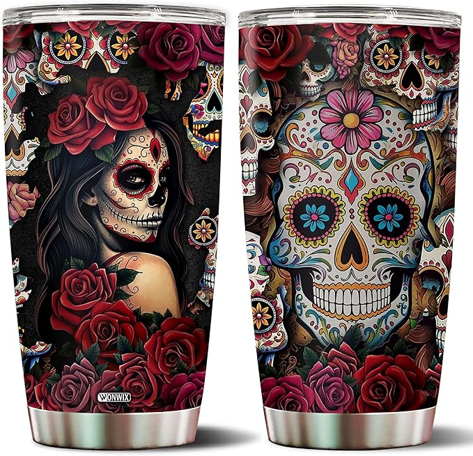 Sugar Skull Gifts for Women Insulated 20oz Stainless Steel Coffee Cup Travel Mug Water Bottle Tumbler With Lid Thermos Tattoo Girls Wife Daughter Mom