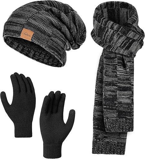 Winter Hat Beanie Scarf Touchscreen Gloves Set, 3Pcs Soft Thick Fleece Lined Gloves Skull Cap Scarf Set for Women Men