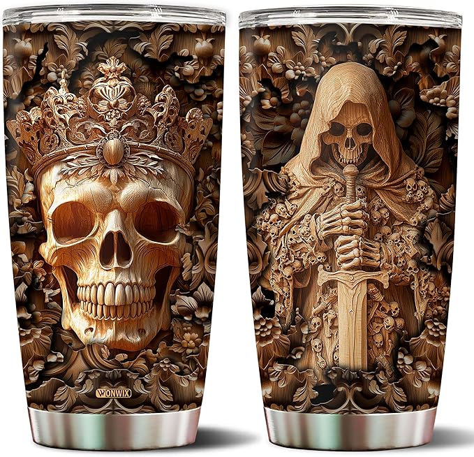 Skull Gifts for Men Women Wood Drawing 20oz Insulated Stainless Steel Water Bottle Tumbler with Lid Coffee Cup Travel Mug Gift for Dad Mom Best Friends