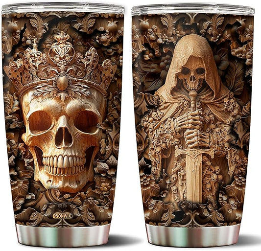 Skull Gifts for Men Women Wood Drawing 20oz Insulated Stainless Steel Water Bottle Tumbler with Lid Coffee Cup Travel Mug Gift for Dad Mom Best Friends