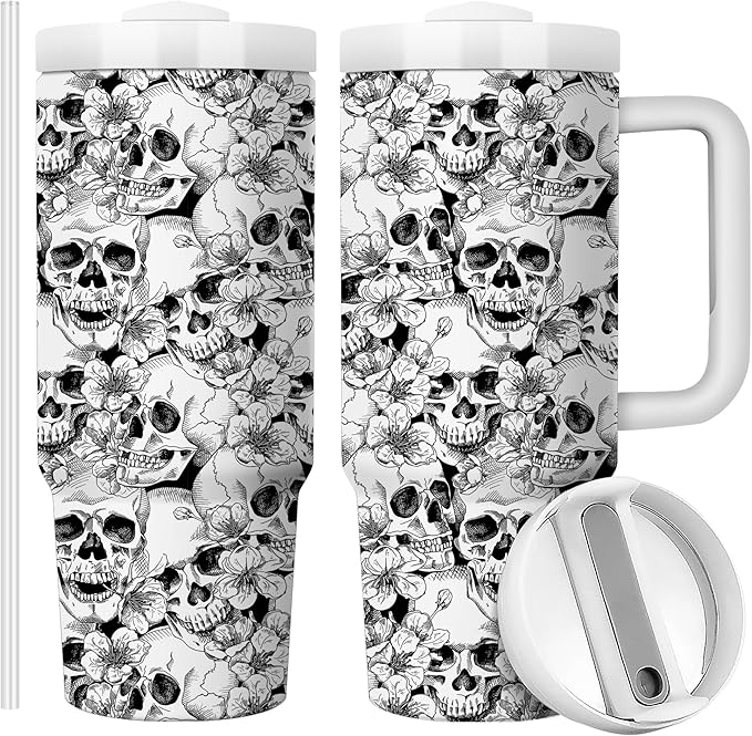 Flower Skull Halloween 30oz Tumbler with Handle Gift for Her Travel Mug Double Wall Vacuun Insulated Cup with Lid and Straw (Pack of 1)