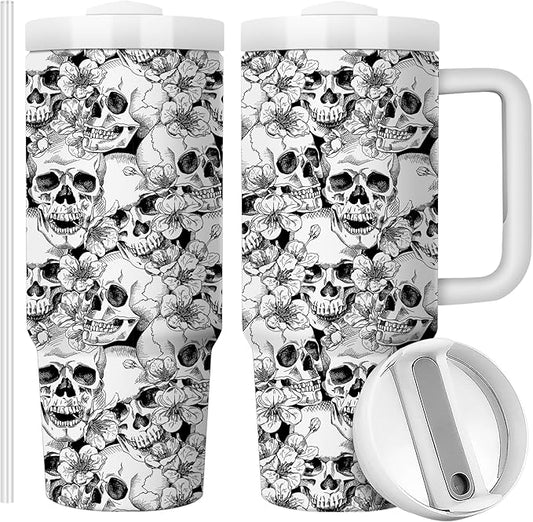 Flower Skull Halloween 30oz Tumbler with Handle Gift for Her Travel Mug Double Wall Vacuun Insulated Cup with Lid and Straw (Pack of 1)