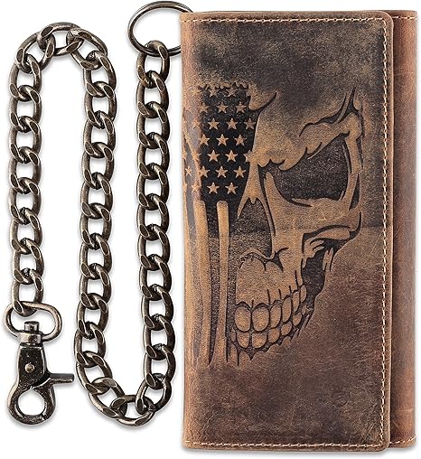 F&L CLASSIC RFID Blocking Mens Tri-fold Long Style Cowhide Leather Steel Chain Wallet,brown flag/skull,212-103