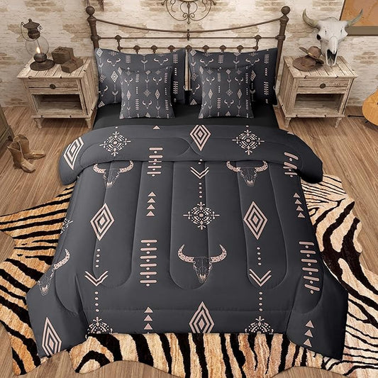 Feelyou Western Comforter Set 7 Pieces Twin Size Kids, Cow Skull Bedding Set Boys Girls, Wild West Rustic Southwestern Bed in a Bag,Comforter + Sheets + Pillowcases + Cushion Covers
