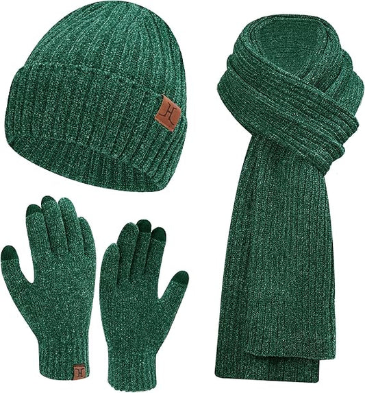 Womens Winter Knit Warm Hat Beanie Long Scarf Touch Screen Gloves Set Skull Caps Neck Scarves for Women