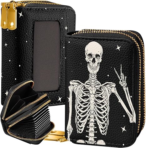 Credit Card Holder for Women - RFID Women Wallet Leather Card Wallet for Ladies Girls Female Aesthetic Cute Wallet with Card Slots Coin Cash Zipper Purse & ID Window, Yes Skull