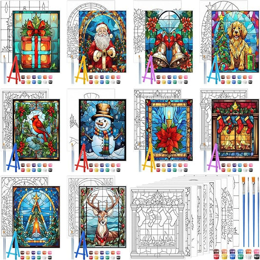 Blosssound 10 Set Christmas Pre Printed Canvas Christmas Theme Glass Painting Pre Drawn Canvas with easel kit 5" x 7" Outline Painting Panels for Beginners, DIY Craft Project, Party Favor, Home Decors