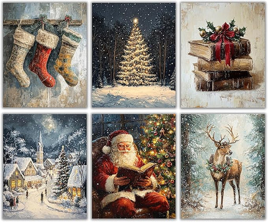 PAINURA Vintage Christmas Wall Art Set of 6 Winter Rustic Wall Decor Santa Claus Canvas Art Pine Tree Pictures for Living Room Wall Decoration for Bedroom Reindeer Christmas Prints 8x10 Inch Unframed