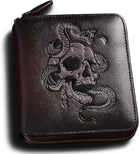Mens Wallet Zipper,Skull Men's Leather Wallets With Coin Pocket, Multi-Functional,RFID Blocking,Gifts for Him(coffee)