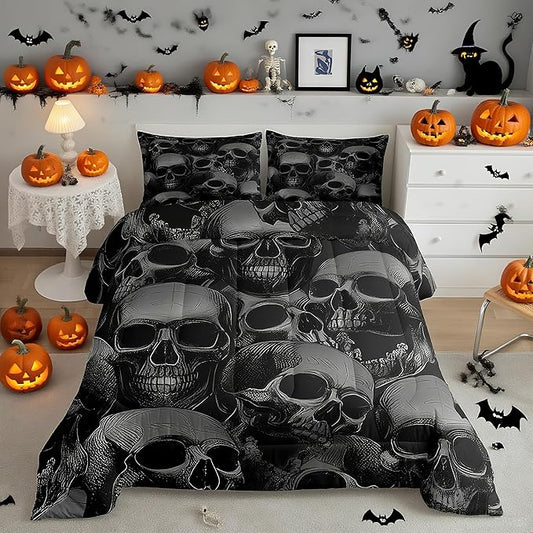 Feelyou Sugar Skull Bedding Set Gothic Skeleton Comforter Set for Kids Boys Girls Teens Room Decor Pesonalized Skeleton Bones Comforter Halloween Themed Grey Duvet Set 3Pcs Queen Size