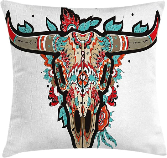 Ambesonne Western Throw Pillow Cushion Cover, Buffalo Sugar Mexican Skull Colorful Ornate Design Horned Animal Trophy, Decorative Square Accent Pillow Case, 16" X 16", Turquoise Orange