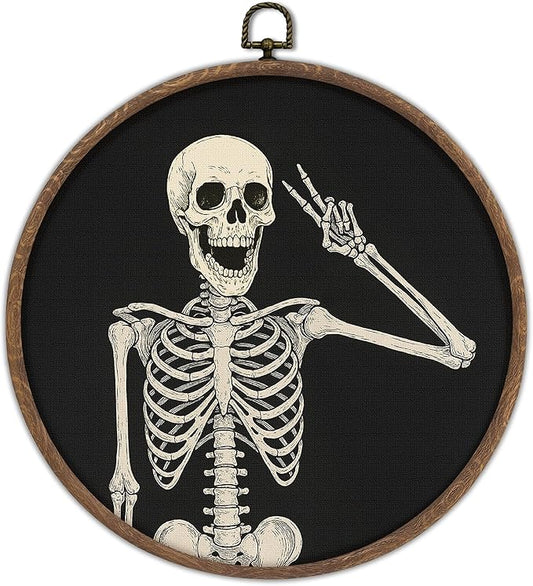 DTLGTG Gothic Skull Skeleton Rock and Roll Victory Hippie Posing Round Wall Art, 10x10 Inch Framed Canvas Wall Decor for Gothic Home Decor, Skull Theme Hanging Decoration with Secure Rubber Ring-A02