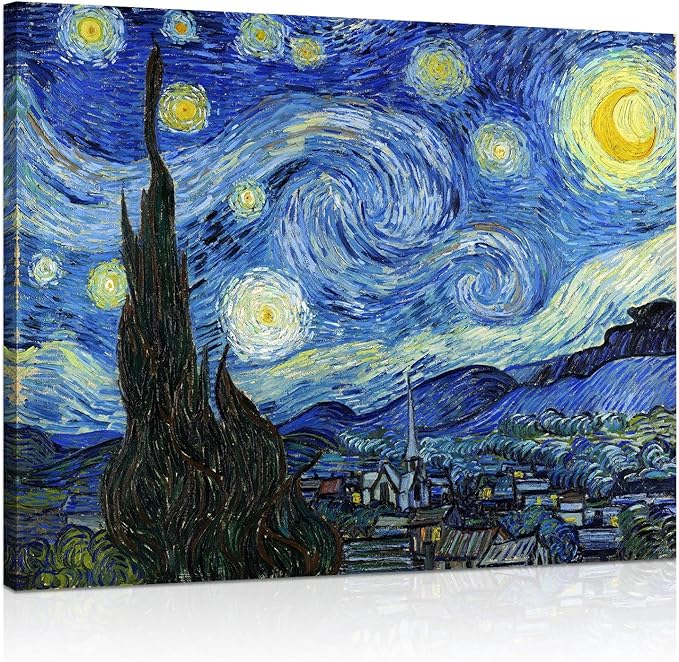 Van Gogh Canvas Wall Art: Starry Night Landscape Painting Picture Reproduction Room Decor - Famous Art Prints Modern Artwork Framed Poster Bedroom Home Decoration 12" x 15"