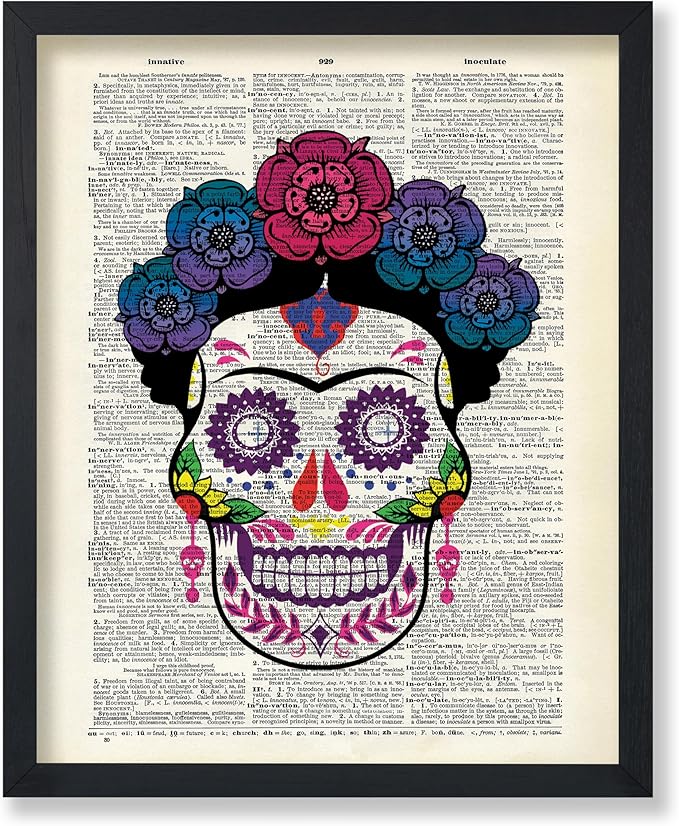 Poster Master Colorful Sugar Skull Print - Dictionary Poster - Day of the Dead Art - Gift for Men, Women - Floral Gothic Decor for Office, Bedroom, Living Room - 8x10 UNFRAMED Wall Art