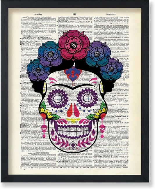 Poster Master Colorful Sugar Skull Print - Dictionary Poster - Day of the Dead Art - Gift for Men, Women - Floral Gothic Decor for Office, Bedroom, Living Room - 8x10 UNFRAMED Wall Art