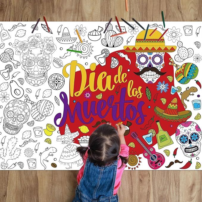 Day of The Dead Giant Coloring Poster for Kids Dia De Los Muertos Large Coloring Posters Sheets Sugar Skulls Tablecloth Mexican Fiesta Party Banner for Home Wall Decor Drawing DIY Painting Crafts