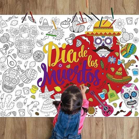 Day of The Dead Giant Coloring Poster for Kids Dia De Los Muertos Large Coloring Posters Sheets Sugar Skulls Tablecloth Mexican Fiesta Party Banner for Home Wall Decor Drawing DIY Painting Crafts