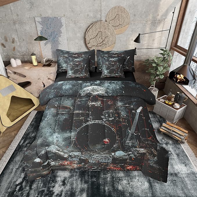 Erosebridal Gothic Music Themed 7 Piece Comforter Set Full Bed in a Bag,Musical Instrument Drum Kit Bedding Sets Halloween Skeleton Sugar Skull Grunge Black Red Sheet Set with Comforter