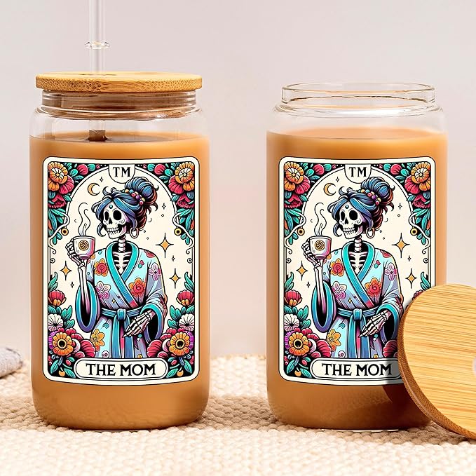 16oz The Mom Coffee Cup with Lid Straw, Halloween Skull Aesthetic Glass Can, Sarcastic Skeleton Glass Cup, Gift Idea for Tarot Lovers Women Sister Friends Mom