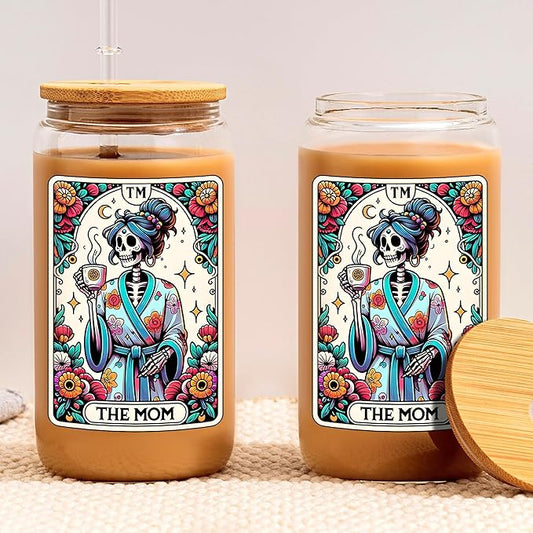16oz The Mom Coffee Cup with Lid Straw, Halloween Skull Aesthetic Glass Can, Sarcastic Skeleton Glass Cup, Gift Idea for Tarot Lovers Women Sister Friends Mom