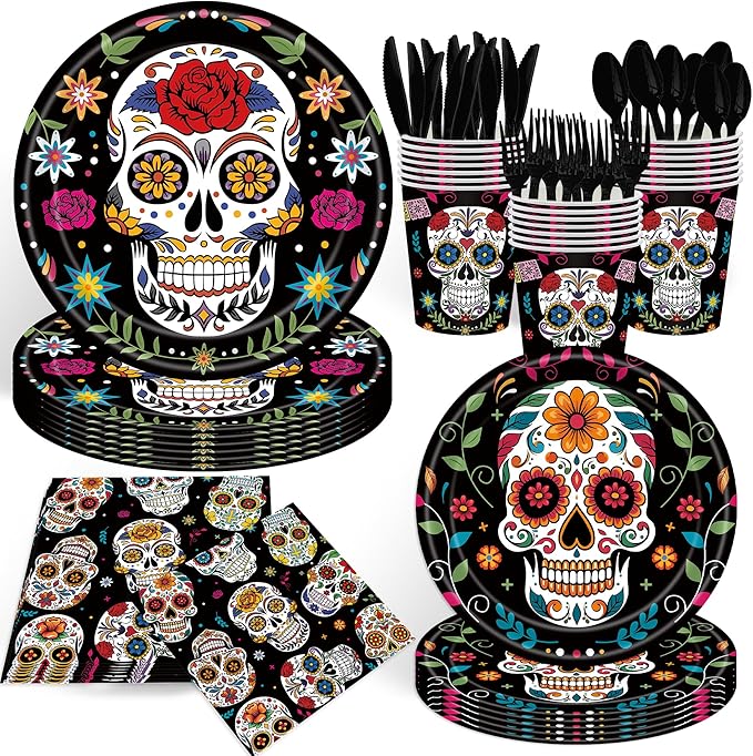 140Pcs Day of the Dead Party Supplies Sugar Skull Tableware Set Día de los Muertos Party Decorations Plates and Napkins, Halloween Birthday Party Supplies,Serve for 20 Guests